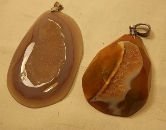 Pair of Warm Orange and Beige Geode Pendants