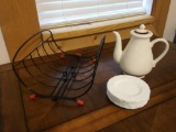 Beefy Metal and Silicone Turkey Roaster Stand, Teapot, and Gape Vine Milk Glass Plates