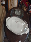 (3) glass and cooking Ware including 9 in square Pyrex and 10x12 CorningWare dish with lid