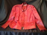 Ladies 15W leather jacket by Newport News and Ruby Red button-up blouse, size 14