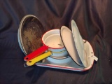 Lot of Enamelware pots, pans, and lids And Extra Large Ladle
