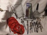 Large stainless lot of kitchen and culinary items incluye moose cookie cutter, poultry shears,