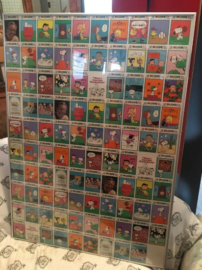 Rare framed uncut sheet of United Feature Syndicate Peanuts trading cards