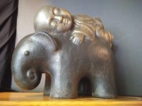 Large Ceramic Buddha Riding Baby Elephant Sculpture