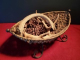 Decorative Wicker and Metal Basket with Pinecone and Antler Decor