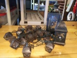 Lantern lot: Hanging Lighted Strands and 2 Ornate Black Metal Lanterns