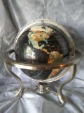 Beautiful Semi Precious Stone World Globe w Polished Silver Colored Stand & Compass