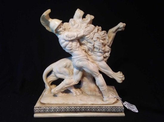 VINTAGE A. SANTINI ROMAN GLADIATOR-LION SCULPTURE STATUE