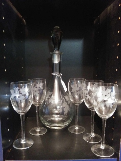 Tall and Slender Grape Vine Decanter with (5) Nicely Styled Matching Glasses