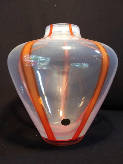 Hand-Cut, Mouth Blown, Hand Polished BLOCK CRYSTAL Vase with Red Streaks