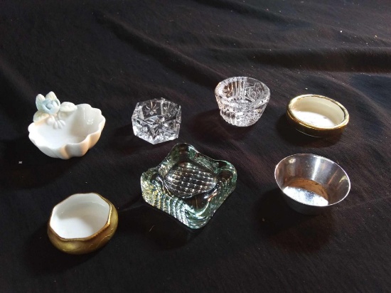 (7) Vintage Salt Cellars: Porcelain, Glass, Silverplate