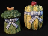 (2) Fitz & Floyd Vegetable Canister Cookie Jars: Corn And Asparagus