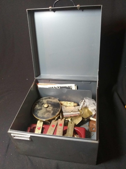 Metal Box Full of Brass Items Including Volkswagen and Oldsmobile brass keychains