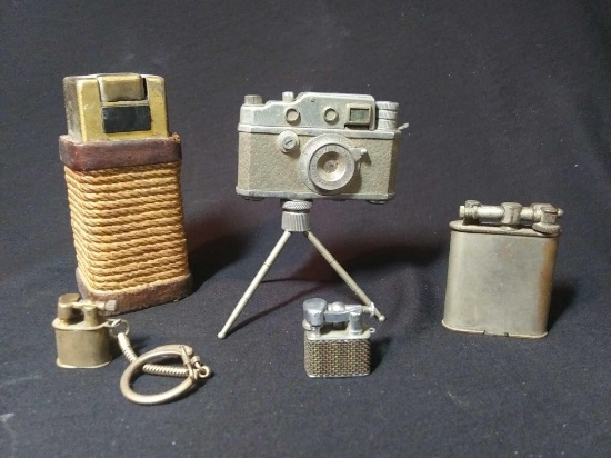 (5) Very Old Cool Lighter Lot! includes Chase and Perfect DII Camera Tripod