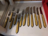 Vintage Pearlescent and Black Flatware Handle Set of (6) Forks and (6) Knives