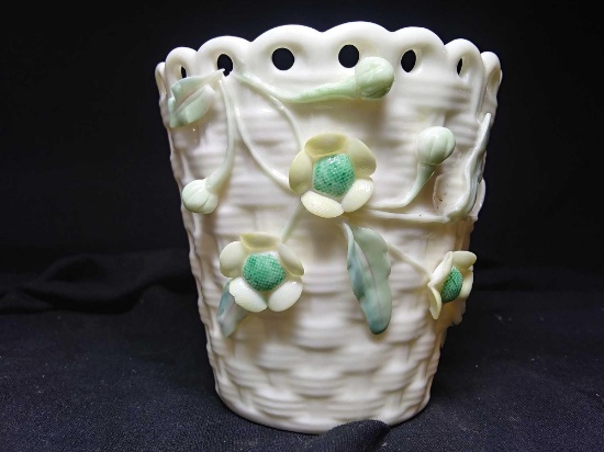 Belleek Flower Pot Vase Votive 3D Applied Irish Flowers of May Pierced Basket Weave