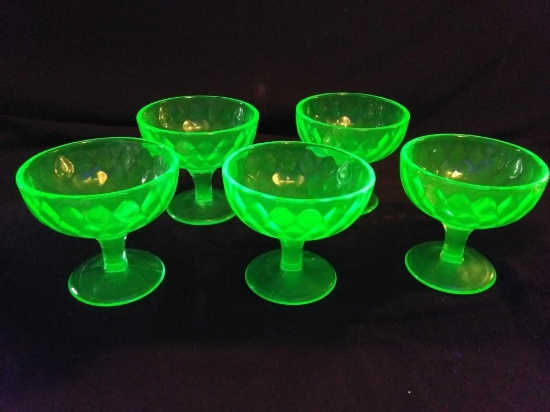 Quintet of Gorgeous Vintage Green Vaseline Sherbert Glasses