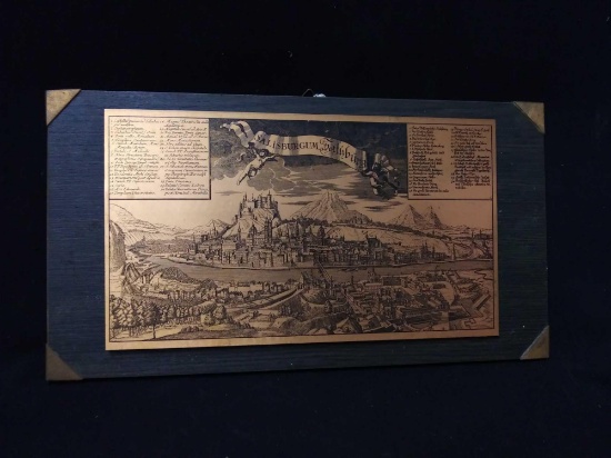 Old Copper Color Placard on Board Engraving- style Cityscape Salisburg? Germany