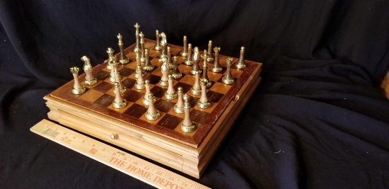 Game box, wooden, chess plus other games in drawers