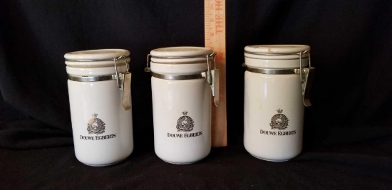(3) Douwe Egberts white ceramic canisters