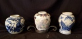 (3) Beautifully decorated Asian ceramic pots including metal tray