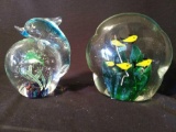 Pair of Lovely Aquatic Glass Paperweights Including Dolphin