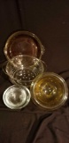 (6) glass bowls + plates including cranberry Pyrex, yellow Hazel Atlas, and footed steamer/strainer
