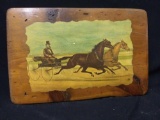 Man in a horse-drawn carriage, on wood board, vintage 1970s Style