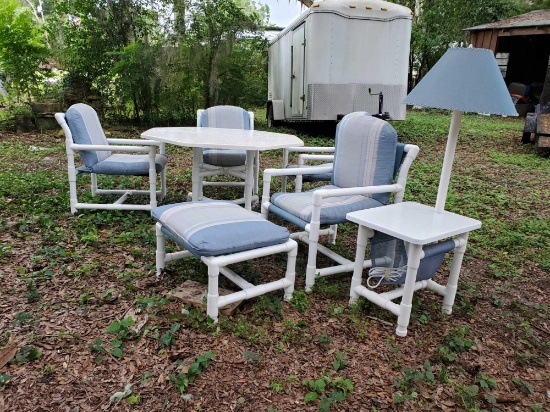 GREAT Lanai set- PVC table, 4 chairs, lamp table, and footstool