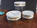 3 vintage Pyrex glass canisters, spice of life