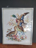 Neat, Vintage Cross Stitch Ducks artwork, silver tone metal frame under glass