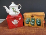 Festive Holiday Decor, Teapot and Votives, In Boxes