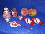 (9) red and white, glass and hand blown ornaments, including Radko and Columbia