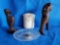 Vintage grouping including carved wooden nutcracker ceramic, scissors keeper, Fluer de lis glass