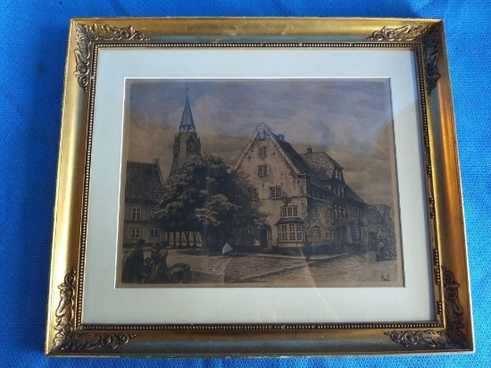 Very Old Framed and Matted Lithograph? Signed E-K 1920