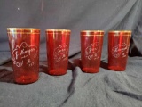4 Very vintage Gold rim Red Glasses, engraved 1940s