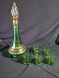 Vintage green and gold glass decanter and 5 cups