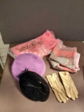 lovely Vintage Ladies grouping including mohair wrap from Scotland, XL scarf, driving gloves and