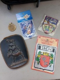 Collection of travel souvenirs Including Bremen plaque and sticker, patches, coin