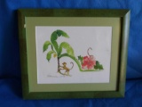 Adorable watercolor Palm with monkey signed Brownlee