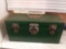 Rusty green metal vintage tool box with contents