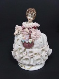 Vintage Irish Dresden Porcelain Lace Figurine in White Pink Dorothea