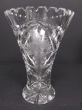 LAUSITZER GERMAN HAND CUT 24% LEAD CRYSTAL SAW-TOOTHED VASE W/GRAPE LEAF PATTERN