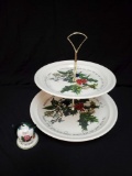 Portmeirion Holly & the Ivy 2-Tier Serving Tray and 1992 Christmas bell, Holiday