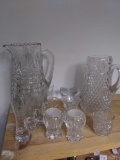 Lot of Pressed Glass: Large and Small, Some etched rose handles cordials