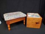 2 Tapestry Topped wood- Sewing box and foot stool with storage