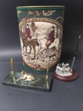 office grouping of elegant marble and other Horse Pen stands with hunting wastebasket