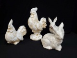 4 Ceramic animal figures - rabbits, rooster and chicken