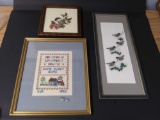 embroidery / cross stitch framed and matted Birds and vintage