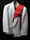 crisp white formal wear suit jacket by raffinati with black Slack's, and black and red cumberbunds